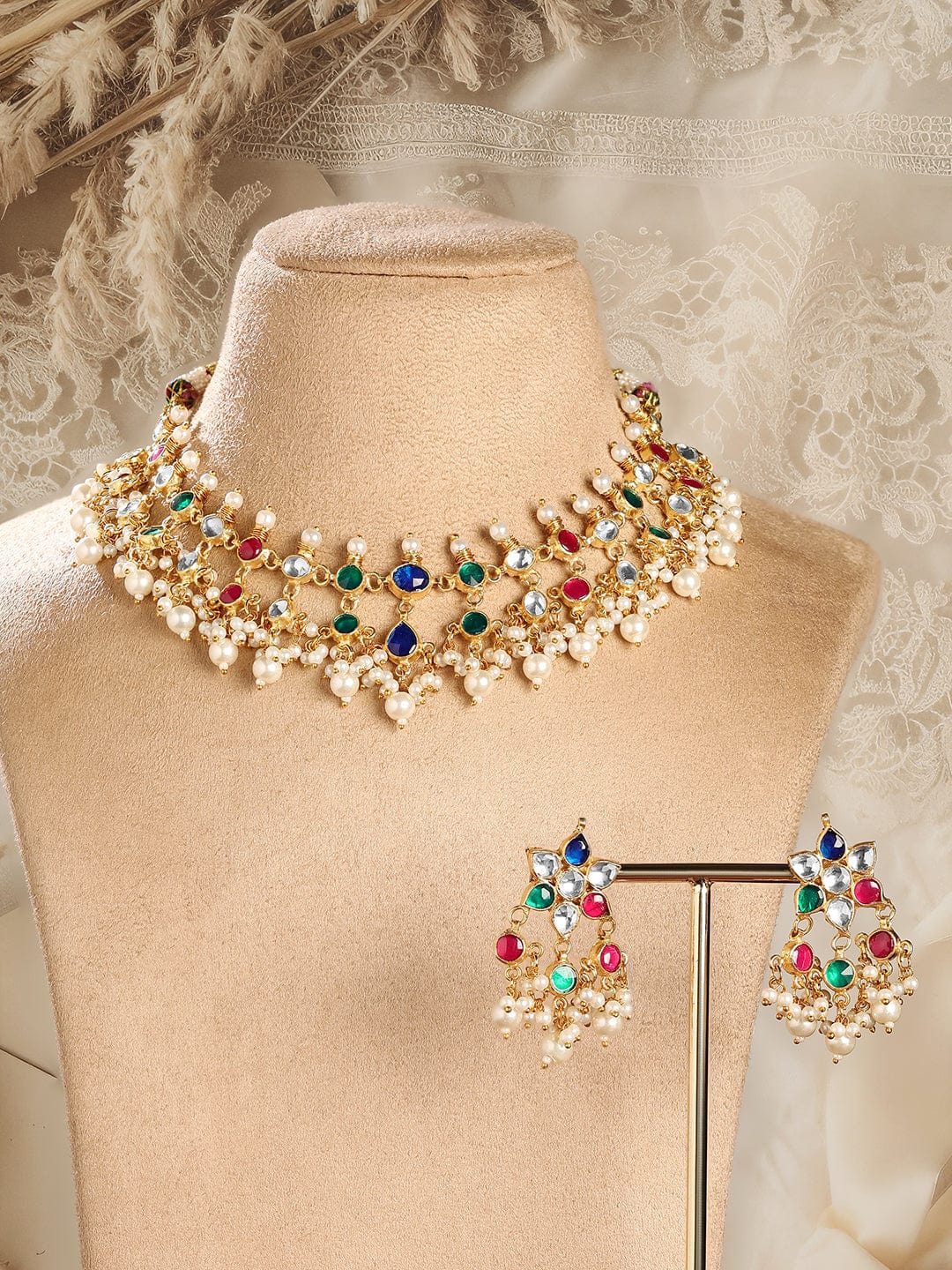 Rubans 22K Gold-Plated Multicolor Stone Studded Choker Necklace Set with Pearl Accents Necklace Set