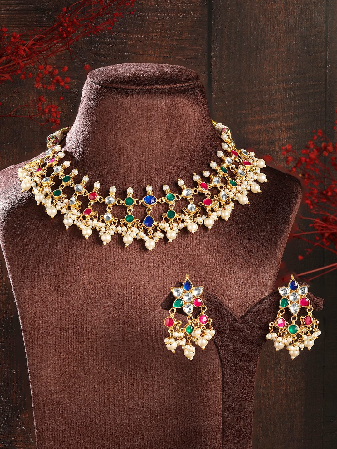 Rubans 22K Gold-Plated Multicolor Stone Studded Choker Necklace Set with Pearl Accents Necklace Set