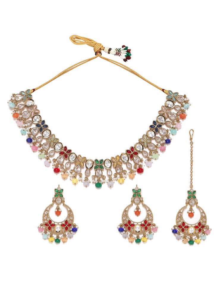 Rubans 22K Gold plated Multicolour beaded Polki studded  necklace set Jewellery Sets