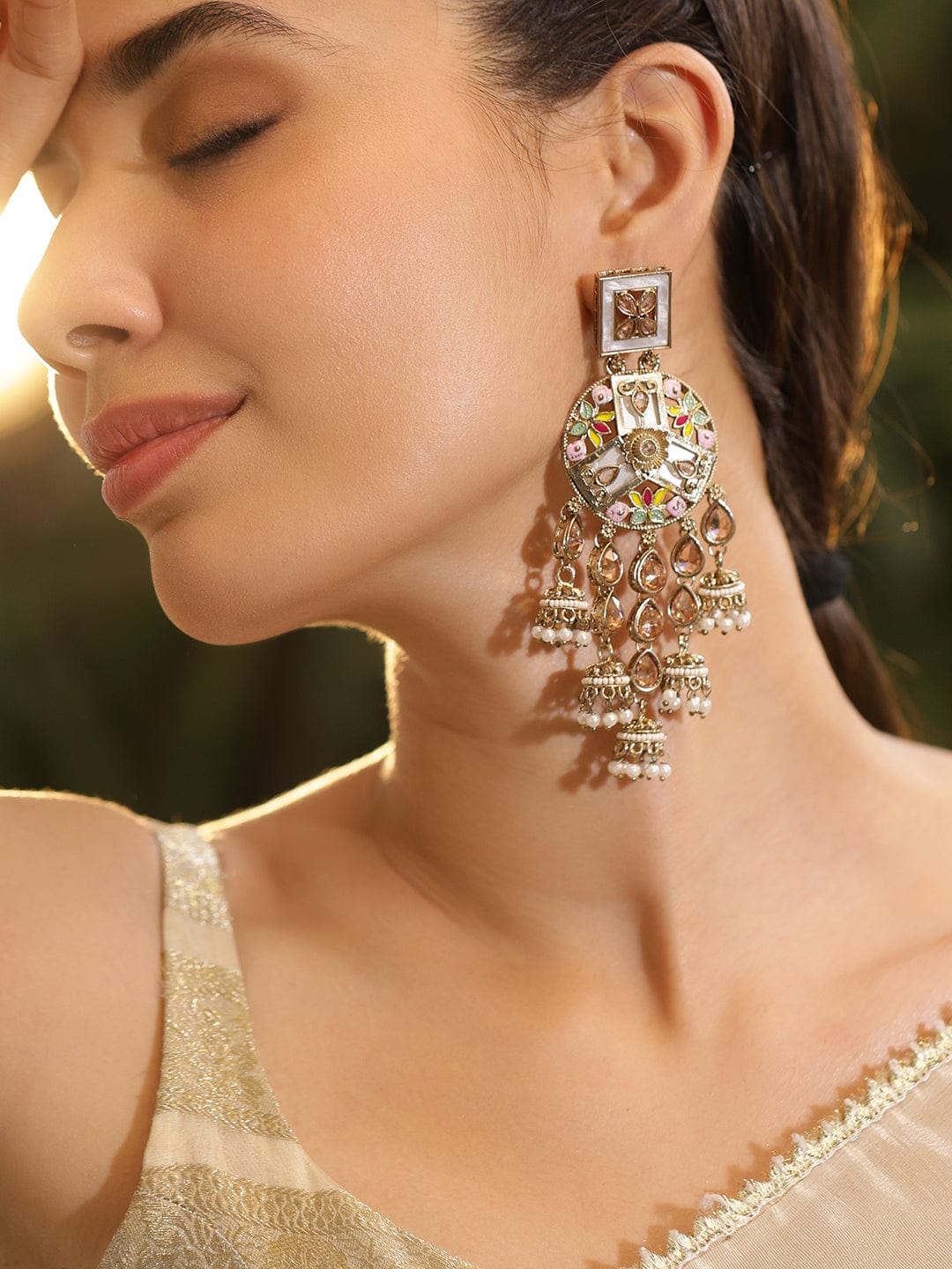 Rubans 22K Gold-Plated Multicolour Enamel & Kundan Long Jhumka Dangler Earrings Jhumka Earrings