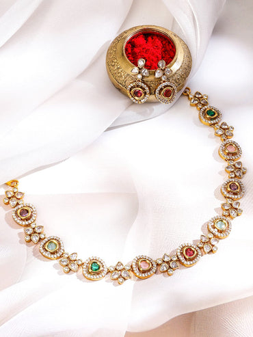 Rubans 22K Gold-Plated Multicolour Stone & Cubic Zirconia Studded Floral Vine Necklace Set Jewellery Set