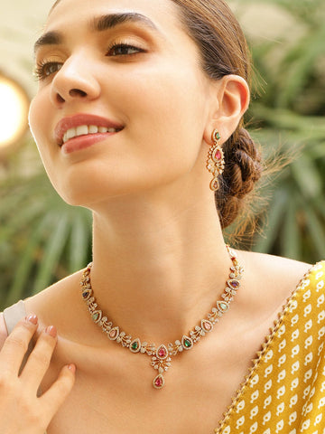 Rubans 22K Gold-Plated Multicolour Stone & White Cubic Zirconia Studded Floral Vine Handcrafted Necklace Set for Women Jewellery Set