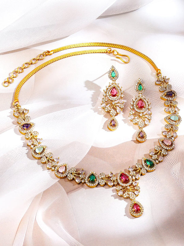 Rubans 22K Gold-Plated Multicolour Stone & White Cubic Zirconia Studded Floral Vine Handcrafted Necklace Set for Women Jewellery Set