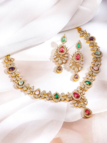 Rubans 22K Gold-Plated Multicolour Stone & White Cubic Zirconia Studded Floral Vine Handcrafted Necklace Set for Women Necklaces, Necklace Sets, Chains & Mangalsutra