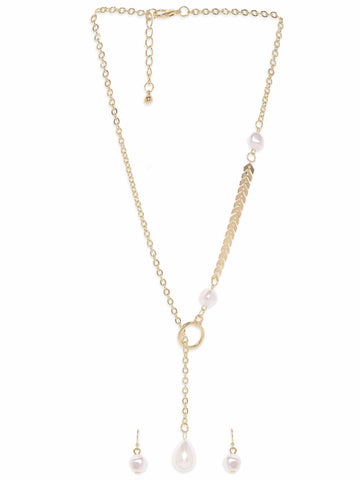 Rubans 22K Gold-Plated Necklace & Earrings Set with Pearl Beads and Chain Detailing Necklace & Chains