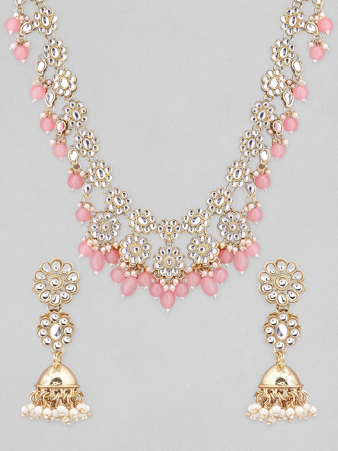 Rubans 22K Gold Plated Necklace Set With American Diamonds And Pink Stones. Necklace Set