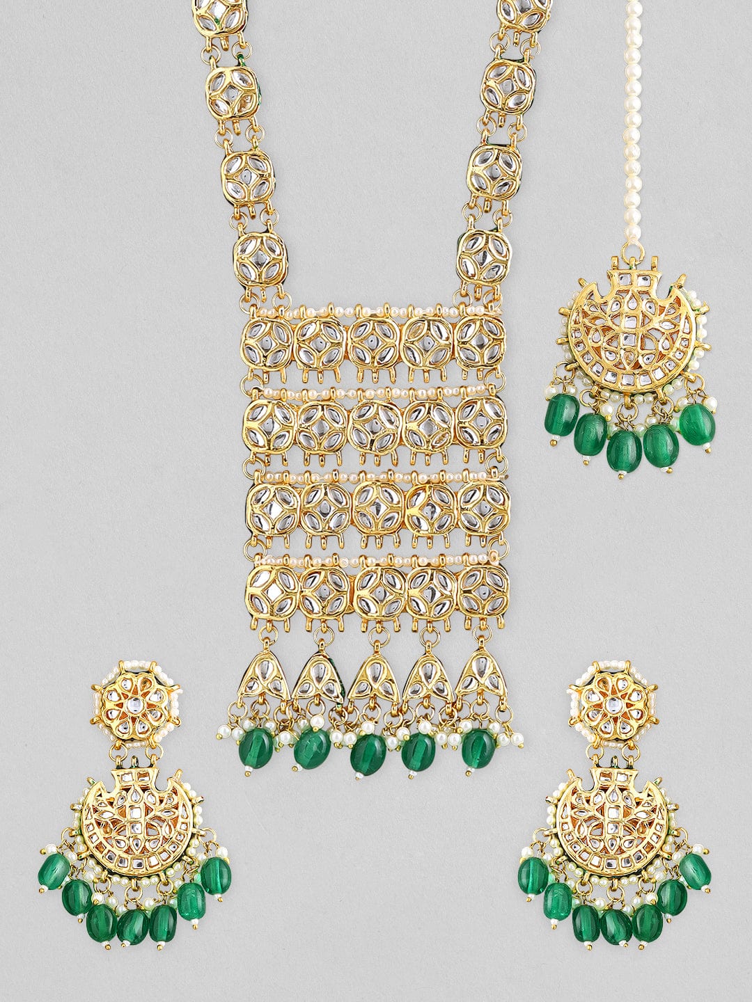 Rubans 22k gold plated necklace set with diamonds and green beads design. Necklace Set