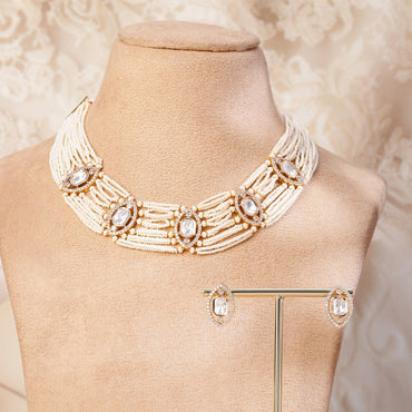 Rubans 22K Gold-Plated Off-White Pearl Beaded Multi-Strand Choker Necklace Set with Kundan & Cubic Zirconia Studded Detailings Jewellery Set