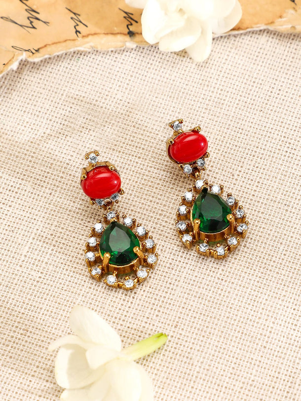 Rubans 22K Gold-Plated Orange & Emerald Dark Green Stones with Cubic Zirconia Necklace Set Jewellery Set