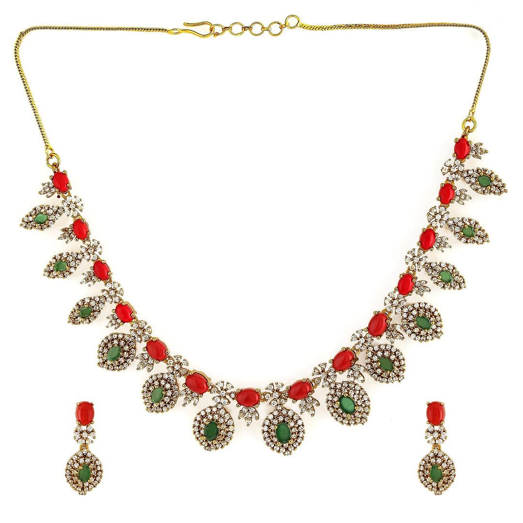 Rubans 22K Gold-Plated Orange & Emerald Light Green Stone with White Cubic Zirconia Handcrafted Jewellery Set Necklace Set