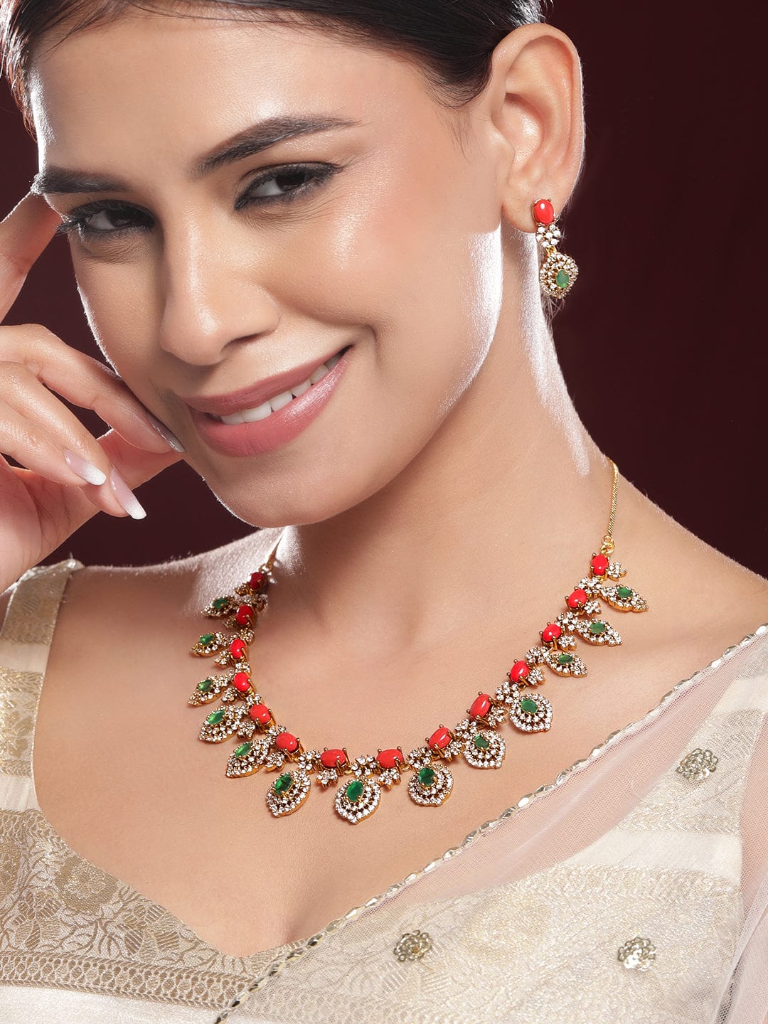 Rubans 22K Gold-Plated Orange & Emerald Light Green Stone with White Cubic Zirconia Handcrafted Jewellery Set Necklace Set