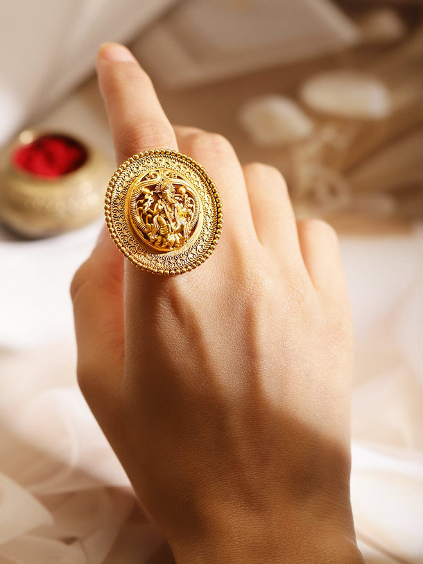 Rubans 22K Gold-Plated Oversized Divine Ganesh Motif Temple Statement Adjustable Finger Ring Rings