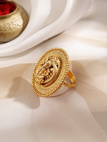 Rubans 22K Gold-Plated Oversized Divine Ganesh Motif Temple Statement Adjustable Finger Ring Rings