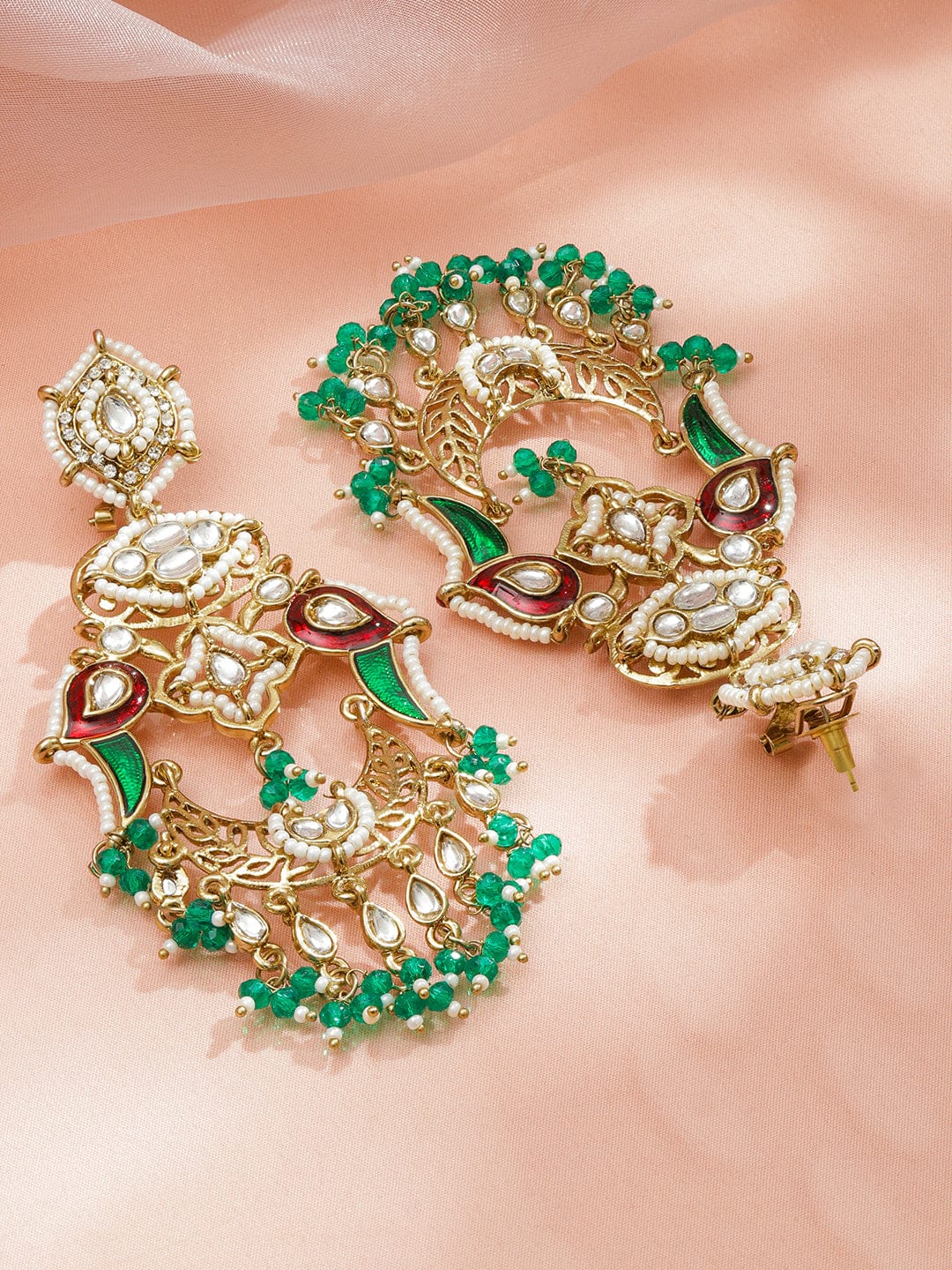 Rubans 22K Gold-Plated Oversized Kundan, White Pearl, Red Enamel & Green Beaded Chandelier Earrings