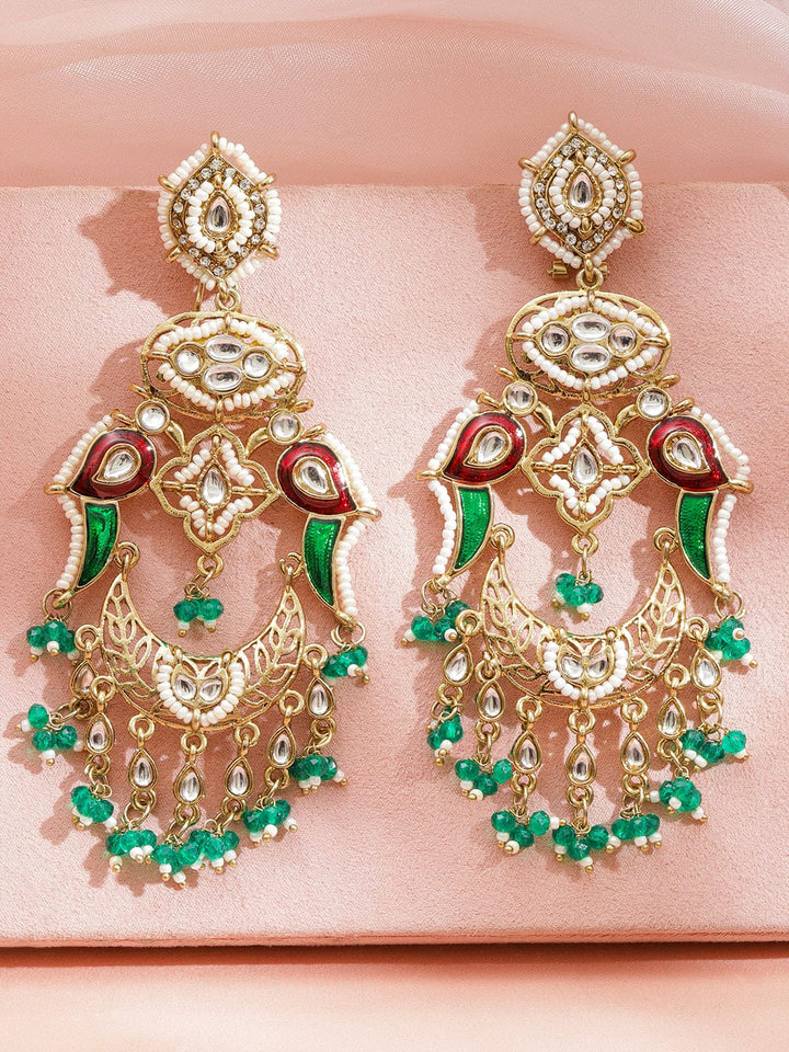 Rubans 22K Gold-Plated Oversized Kundan, White Pearl, Red Enamel & Green Beaded Chandelier Earrings