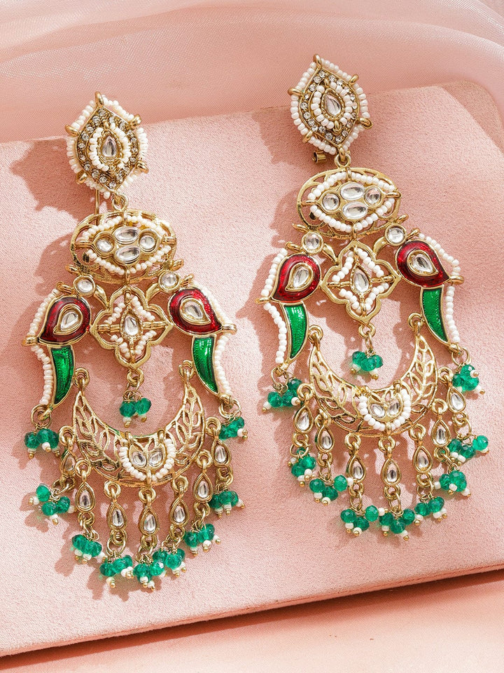 Rubans 22K Gold-Plated Oversized Kundan, White Pearl, Red Enamel & Green Beaded Chandelier Earrings