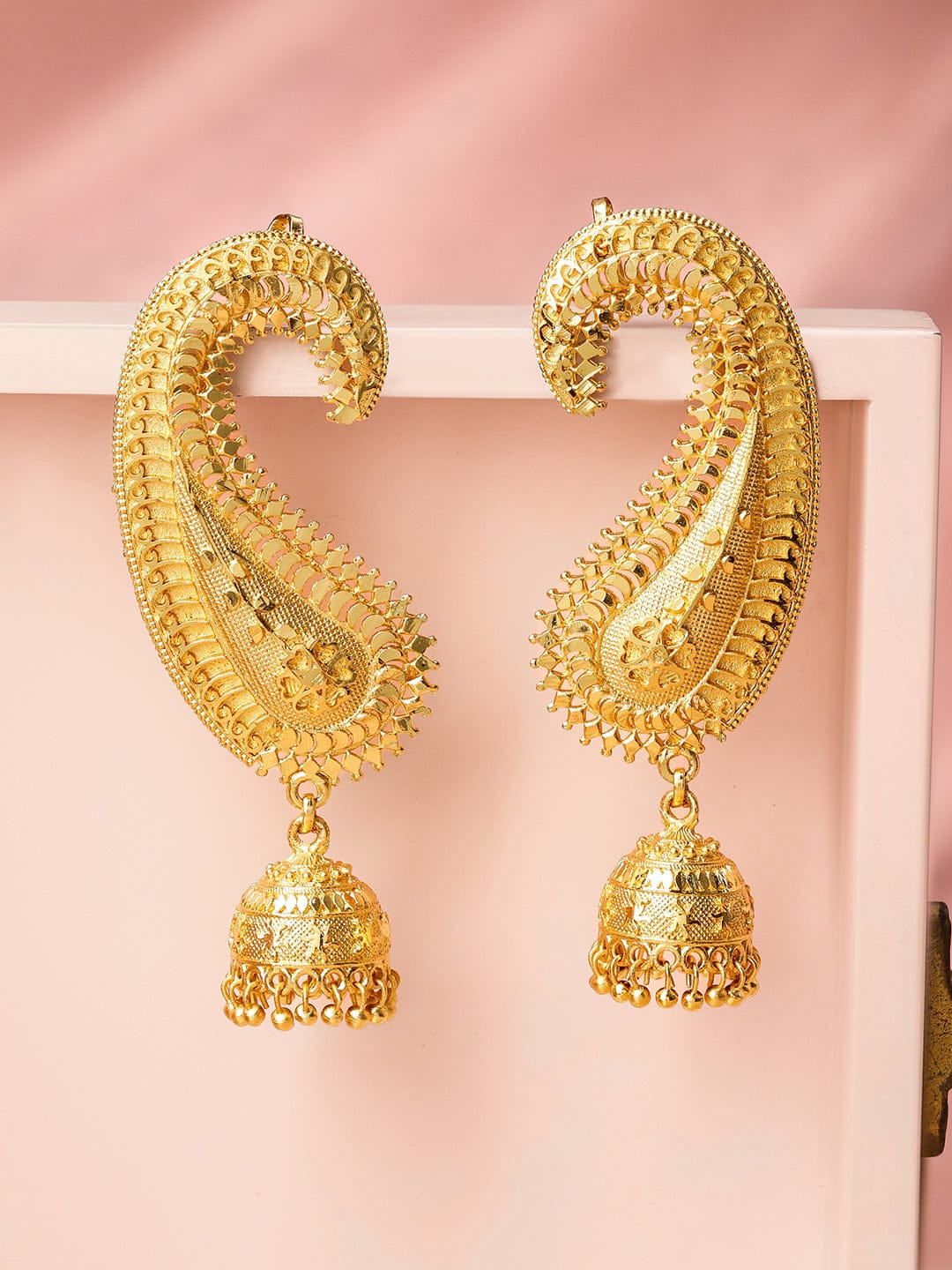 Rubans 22K Gold-Plated Oversized Paisley Ear-Cuff Jhumka Earrings with Ghungroo Dome Drop Earrings