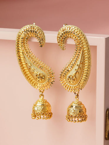 Rubans 22K Gold-Plated Oversized Paisley Ear-Cuff Jhumka Earrings with Ghungroo Dome Drop Earrings