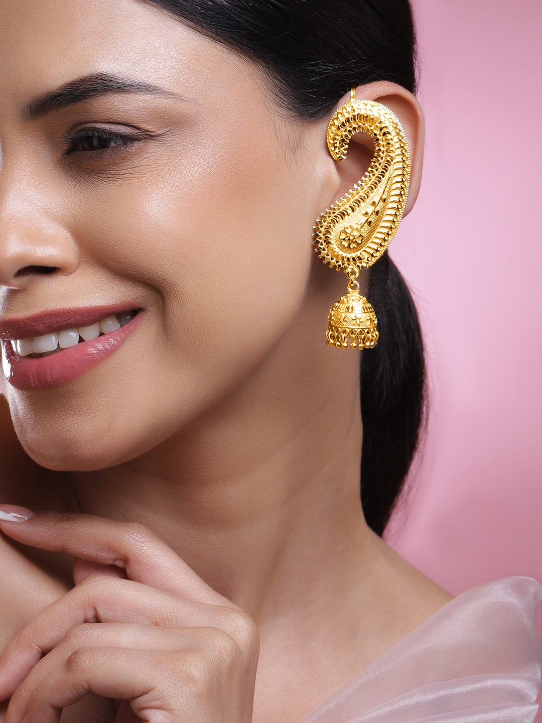 Rubans 22K Gold-Plated Oversized Paisley Ear-Cuff Jhumka Earrings with Ghungroo Dome Drop Jhumka Earrings