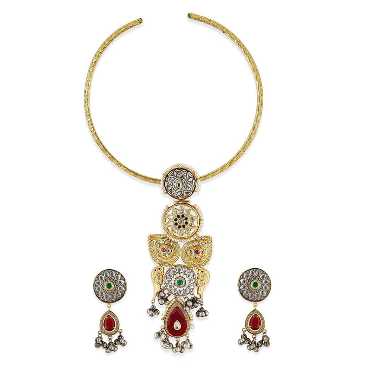 Rubans 22K Gold-Plated Oxidised Statement Necklace Set with Ruby Red  & Green Stones & Oxidised Silver Beads Necklaces, Necklace Sets, Chains & Mangalsutra