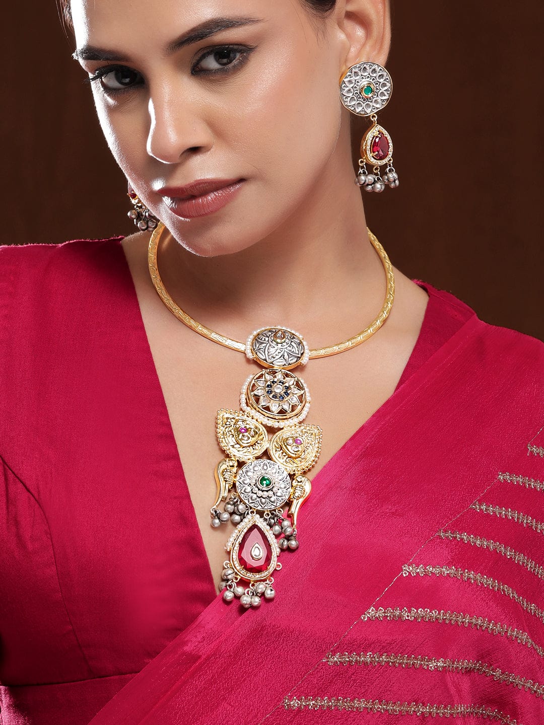 Rubans 22K Gold-Plated Oxidised Statement Necklace Set with Ruby Red  & Green Stones & Oxidised Silver Beads Necklaces, Necklace Sets, Chains & Mangalsutra