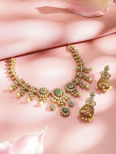 Rubans 22K Gold-Plated Pastel Green Stones and Cubic Zirconia Detailing & Pearl Bead Drop Necklace Set Jewellery Set