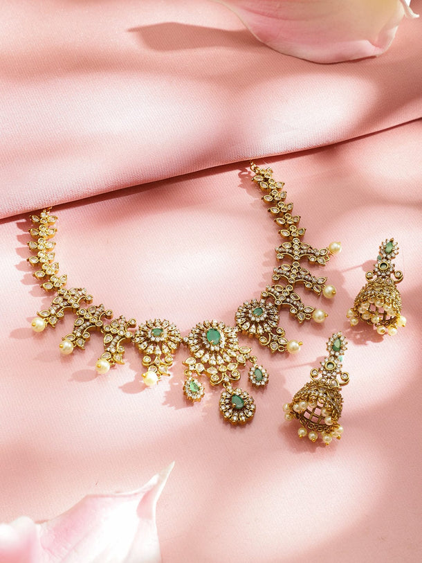 Rubans 22K Gold-Plated Pastel Green Stones and Cubic Zirconia Detailing & Pearl Bead Drop Necklace Set Jewellery Set