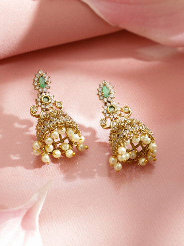 Rubans 22K Gold-Plated Pastel Green Stones and Cubic Zirconia Detailing & Pearl Bead Drop Necklace Set Jewellery Set