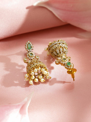 Rubans 22K Gold-Plated Pastel Green Stones and Cubic Zirconia Detailing & Pearl Bead Drop Necklace Set Jewellery Set