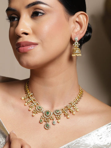Rubans 22K Gold-Plated Pastel Green Stones and Cubic Zirconia Detailing & Pearl Bead Drop Necklace Set Jewellery Set
