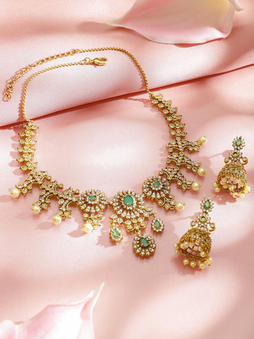 Rubans 22K Gold-Plated Pastel Green Stones and Cubic Zirconia Detailing & Pearl Bead Drop Necklace Set Jewellery Set
