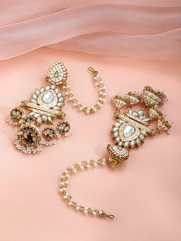 Rubans 22K Gold-Plated Pastel Pink Enamel White Kundan Studded Chandbali Jhumka Earrings with Pearl Beading Ear Chain for Women Earrings