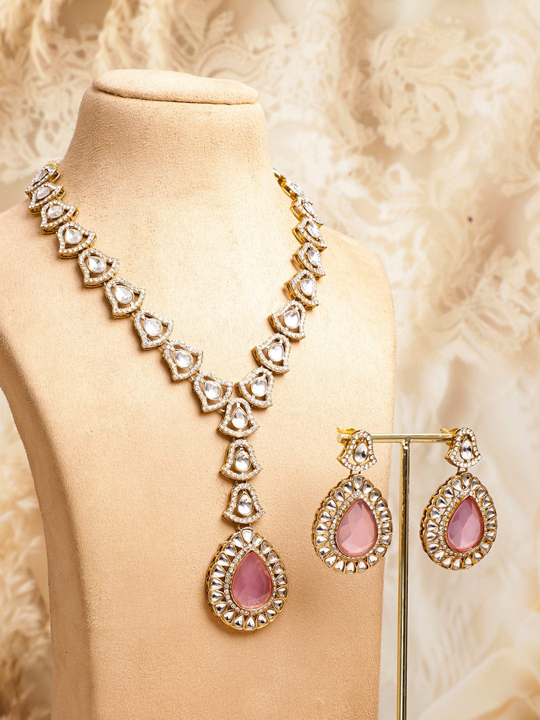 Rubans 22K Gold-Plated Pastel Pink Gemstone & Cubic Zirconia Luxe Statement Necklace Set Jewellery Set