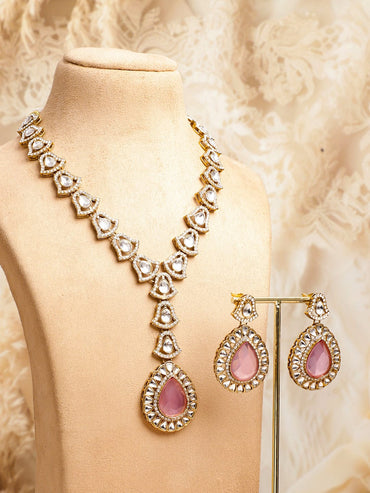 Rubans 22K Gold-Plated Pastel Pink Gemstone & Cubic Zirconia Luxe Statement Necklace Set Jewellery Set