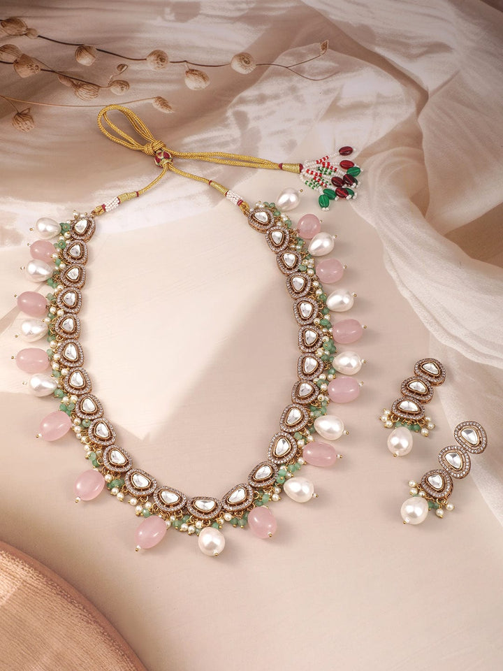 Rubans 22K Gold-Plated Pastel Pink, Mint Green & White Beads with Kundan & Cubic Zirconia Studded Premium Necklace Set Jewellery Sets