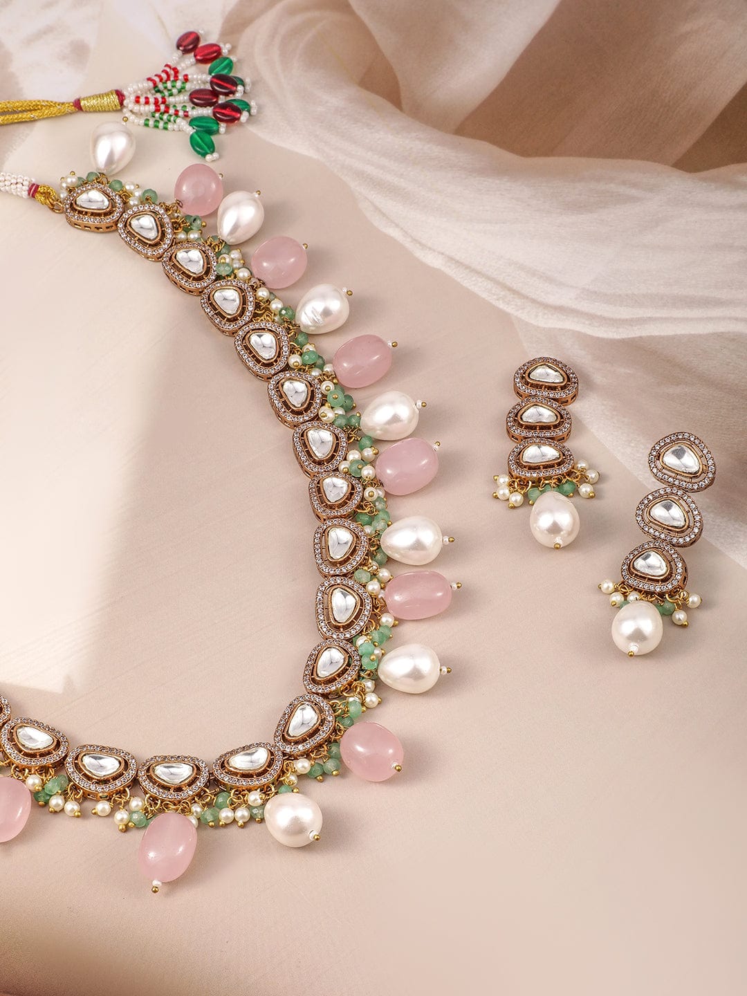 Rubans 22K Gold-Plated Pastel Pink, Mint Green & White Beads with Kundan & Cubic Zirconia Studded Premium Necklace Set Jewellery Sets