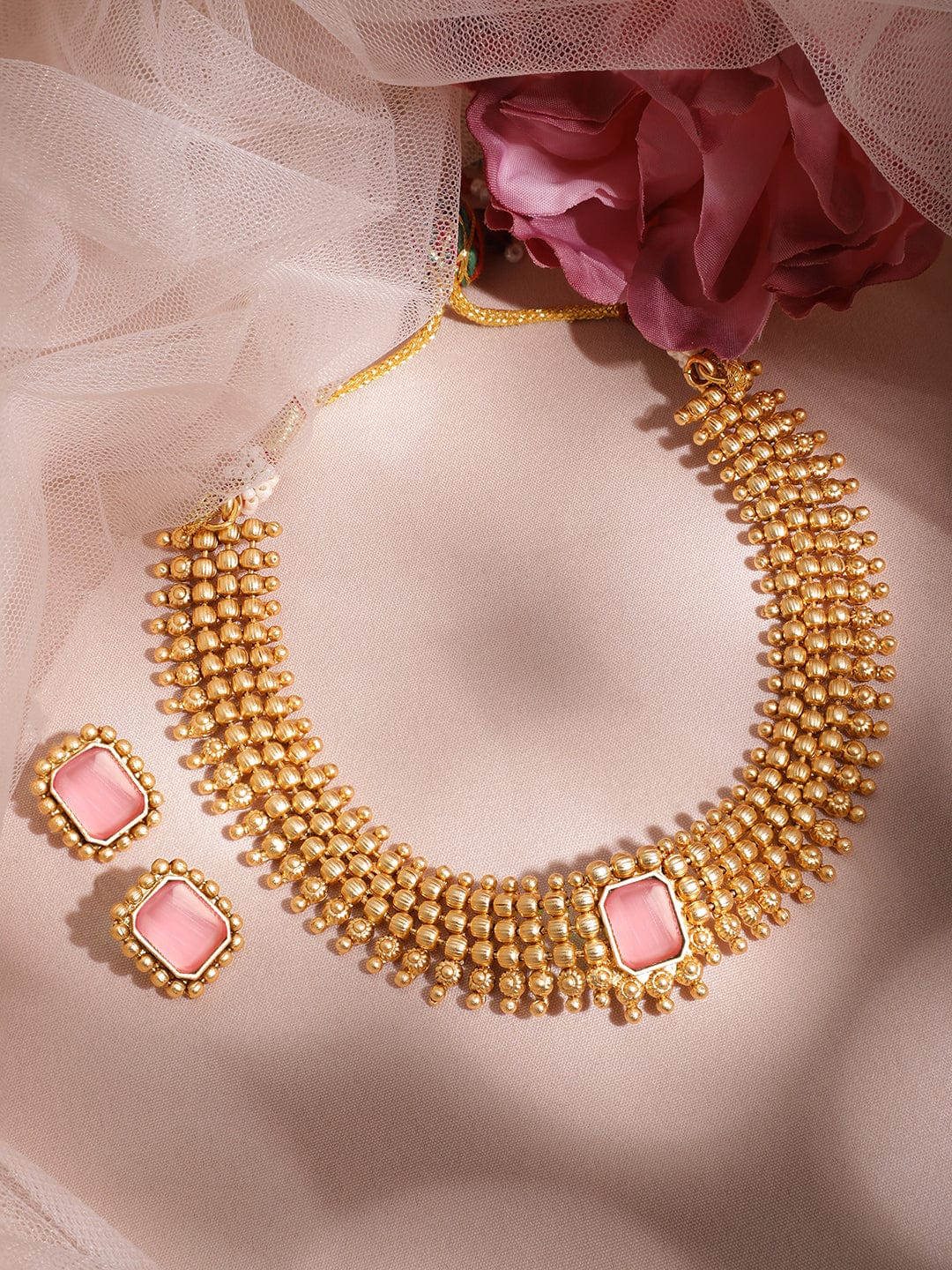 Rubans 22K Gold-Plated Pastel Pink Sapphire Studded Choker Necklace Set with Gold Beads Necklace Set