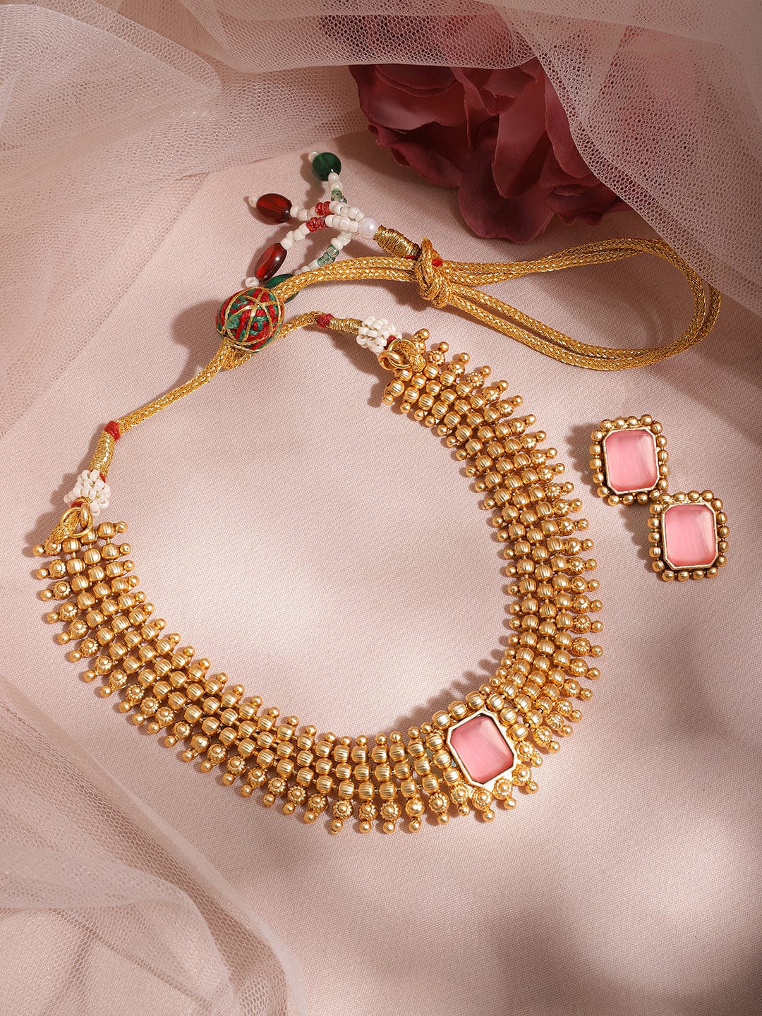 Rubans 22K Gold-Plated Pastel Pink Sapphire Studded Choker Necklace Set with Gold Beads Necklace Set