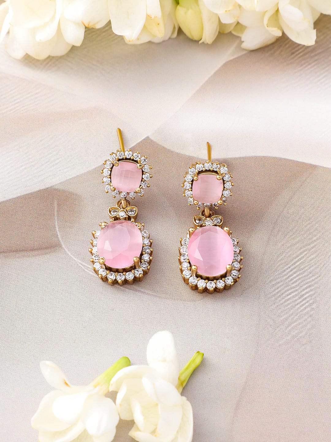 Rubans 22K Gold-Plated Pastel Pink Stone & Cubic Zirconia Studded Necklace Set with Matching Earrings Jewellery Set