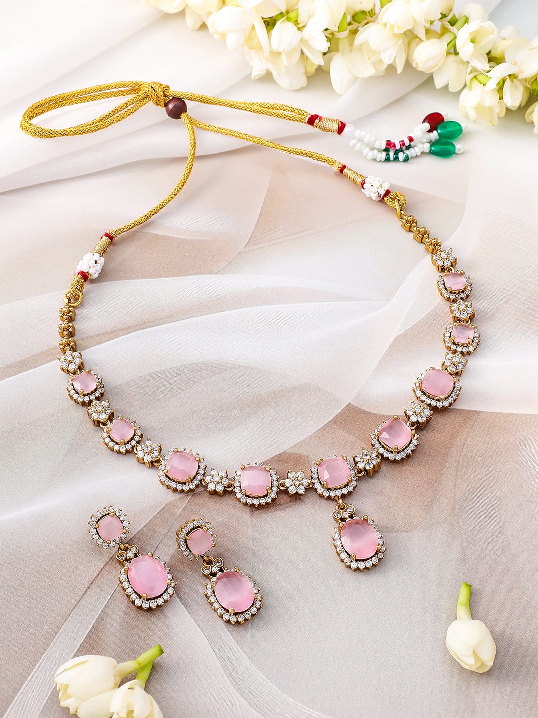 Rubans 22K Gold-Plated Pastel Pink Stone & Cubic Zirconia Studded Necklace Set with Matching Earrings Jewellery Set