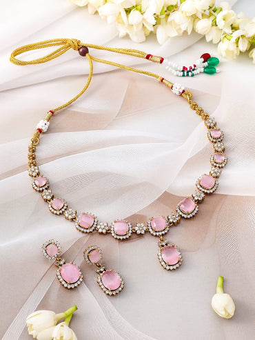 Rubans 22K Gold-Plated Pastel Pink Stone & Cubic Zirconia Studded Necklace Set with Matching Earrings Jewellery Set