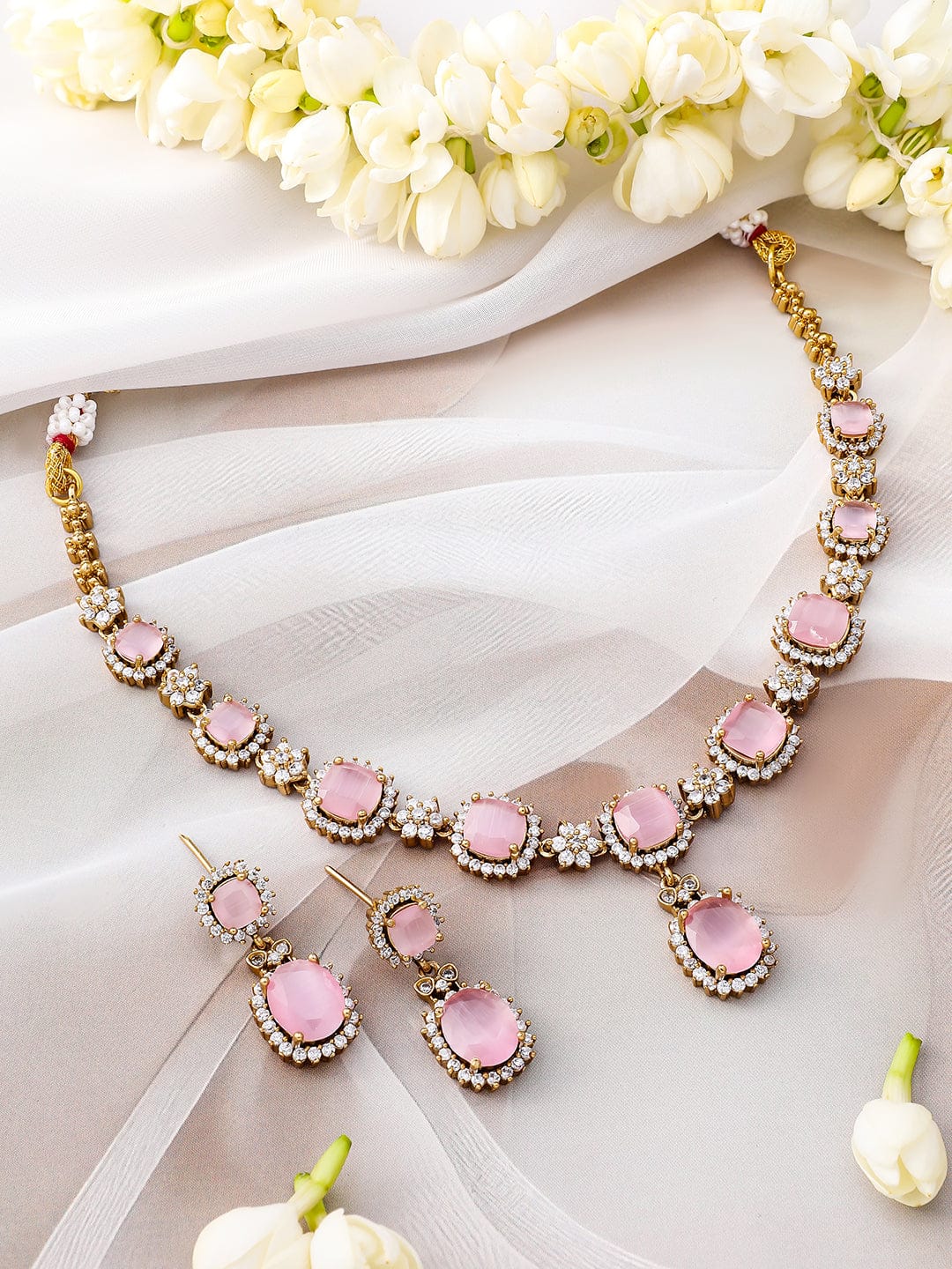 Rubans 22K Gold-Plated Pastel Pink Stone & Cubic Zirconia Studded Necklace Set with Matching Earrings Jewellery Set