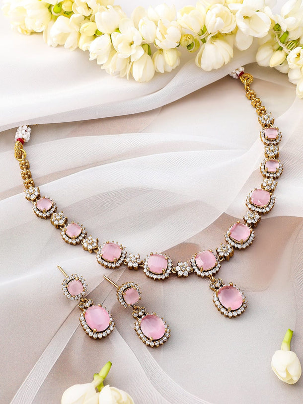 Rubans 22K Gold-Plated Pastel Pink Stone & Cubic Zirconia Studded Necklace Set with Matching Earrings Jewellery Set