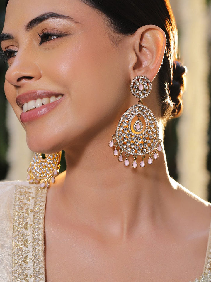 Rubans 22K Gold-Plated Pastel Pink & White Kundan Studded Handcrafted Long Chandelier Earrings with Elegant Droplets Chandelier Earrings