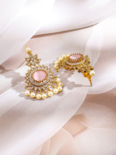 Rubans 22K Gold-Plated Pastel Rose Pink Stone White Cubic Zirconia & Pearl Beaded Necklace Set for Women Jewellery Set