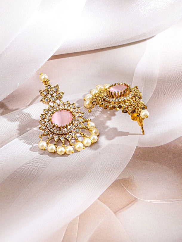 Rubans 22K Gold-Plated Pastel Rose Pink Stone White Cubic Zirconia & Pearl Beaded Necklace Set for Women Jewellery Set