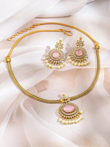 Rubans 22K Gold-Plated Pastel Rose Pink Stone White Cubic Zirconia & Pearl Beaded Necklace Set for Women Jewellery Set