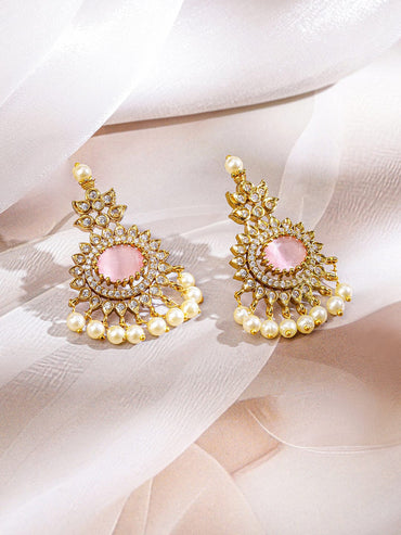 Rubans 22K Gold-Plated Pastel Rose Pink Stone White Cubic Zirconia & Pearl Beaded Necklace Set for Women Jewellery Set