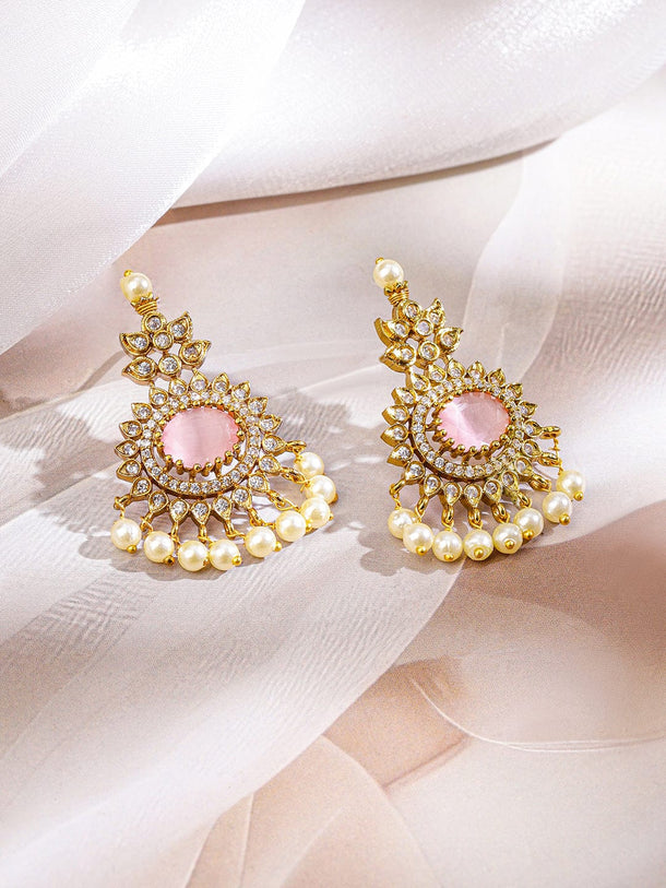 Rubans 22K Gold-Plated Pastel Rose Pink Stone White Cubic Zirconia & Pearl Beaded Necklace Set for Women Jewellery Set