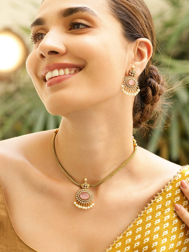 Rubans 22K Gold-Plated Pastel Rose Pink Stone White Cubic Zirconia & Pearl Beaded Necklace Set for Women Jewellery Set